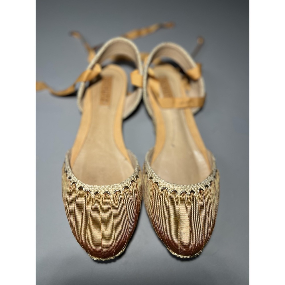 Schutz Espadrille Sandals Womens Size 10 Gold Ribbon Ankle Wrap Flat Tie Shoes